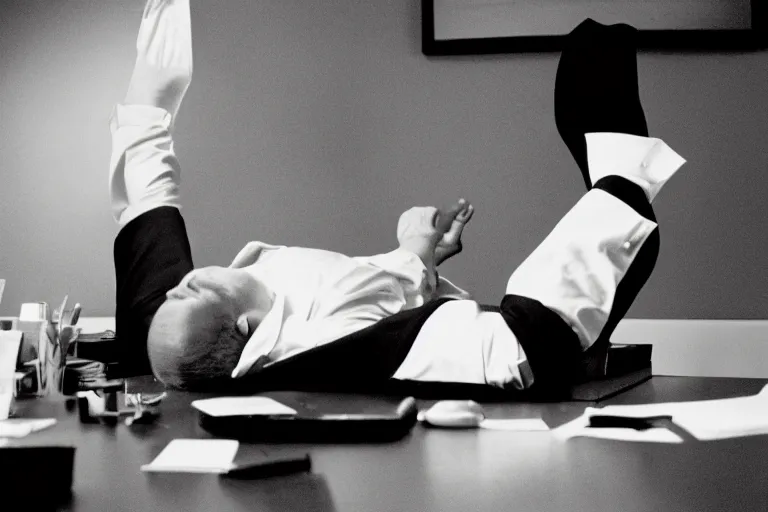 Image similar to cinematic film still from 1994 film: portly clean-shaven white man wearing suit and necktie at his desk, holding his left foot up in the air, XF IQ4, f/1.4, ISO 200, 1/160s, 8K, RAW, dramatic lighting, symmetrical balance, in-frame