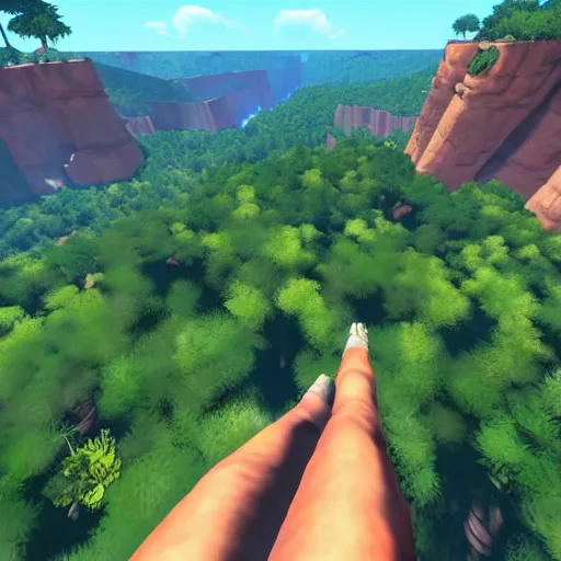 Image similar to pov shot, standing on a cliff and looking into a huge canyon filled with beautiful forest, game ark survival evolved style, watercolor