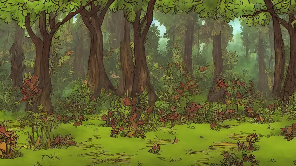 Prompt: a clearing in a forest in the style of Kings Quest 6