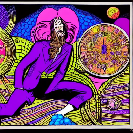 Prompt: a psychedelic wizard with time magic, highly detailed comic art by paul kirchner, 8 k