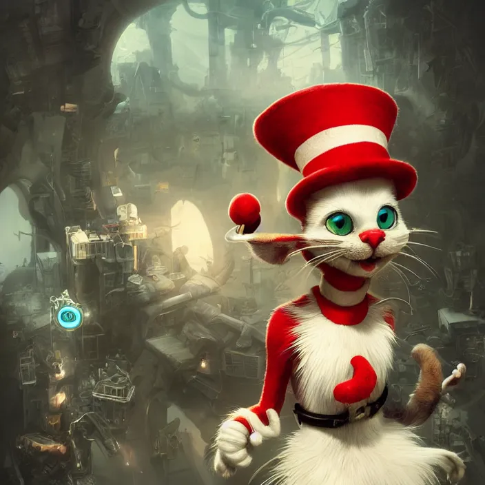 Prompt: complex 3 d render, hyper detailed, ultra sharp, cat in the hat, scary, cute, cinematic, steampunk, natural soft light, rim light, octane render, artstation, art by artgerm and greg rutkowski and alberto seveso, dr seuss