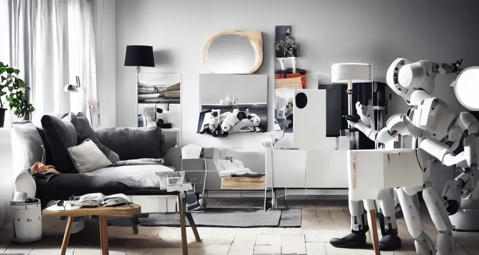 Image similar to IKEA catalogue photo of a living room, robots are tearing it apart, fire, flood, mirrors,