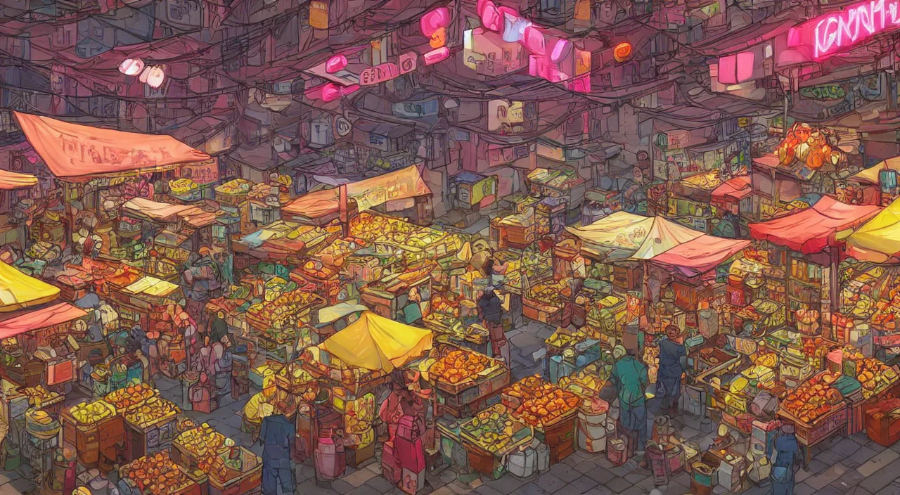 Image similar to a market in hong kong painting stylized digital illustration video game icon global illumination ray tracing neon that looks like it is from borderlands and by feng zhu and loish and laurie greasley, victo ngai, andreas rocha, john harris