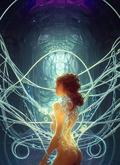 Image similar to fractals!! water, hybrids, tech wear, scifi, glowing lights!! intricate elegant, highly detailed, digital painting, artstation, concept art, smooth, sharp focus, thin glowing wires, illustration, art by artgerm and greg rutkowski and alphonse mucha, singularity!!!