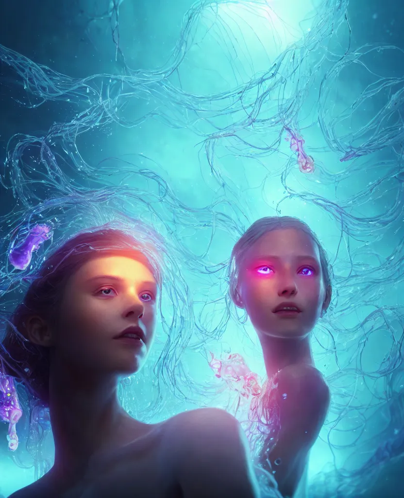 Prompt: close-up portrait of a face of beautiful princess floating in ethereum surrounded by floating jellyfish, energy flows of fire and water, flashes of plasma, 3d with depth of field, blurred background, a highly detailed epic cinematic concept art CG render. made in Maya, Blender and Photoshop, octane render, excellent composition, cinematic dystopian brutalist atmosphere, dynamic dramatic cinematic lighting, aesthetic, very inspirational, arthouse. y Greg Rutkowski, Ilya Kuvshinov, WLOP, Stanley Artgerm Lau, Ruan Jia and Fenghua Zhong