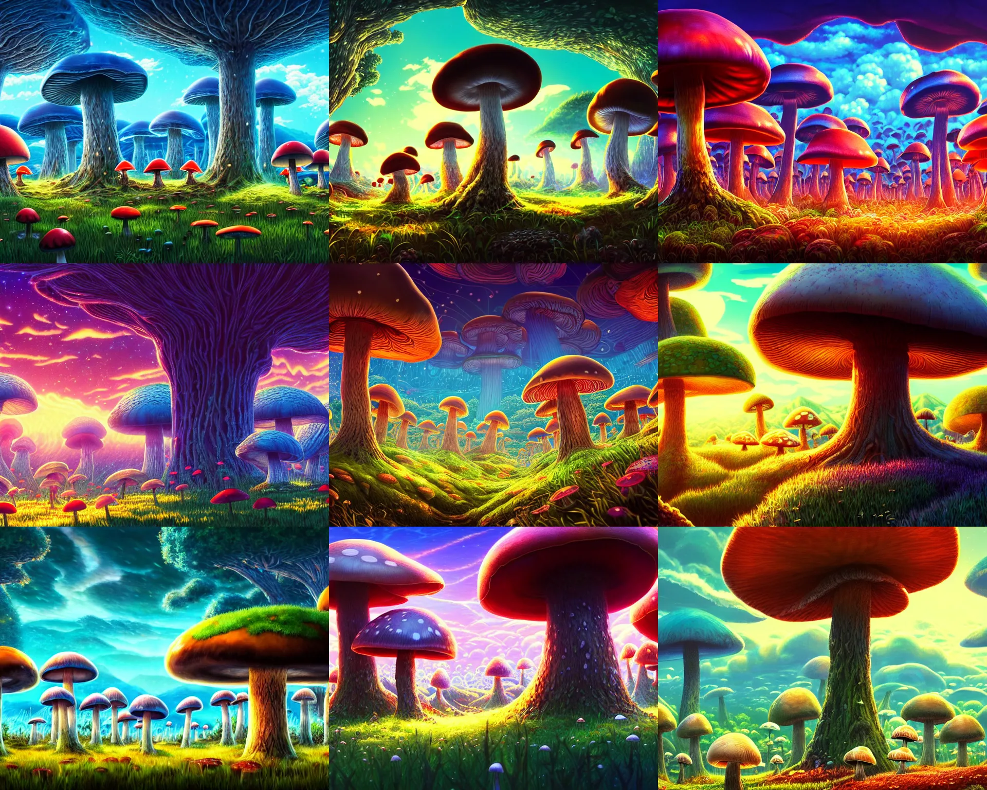 Image similar to the mushroom world is my home. virtual mushroom landscapes is like a spiritual journey through a mushroom forest. by dan mumford, yusuke murata, makoto shinkai, ross tran, cosmic, heavenly, god rays, intricate detail, cinematic, cel shaded, unreal engine, featured on artstation, pixiv
