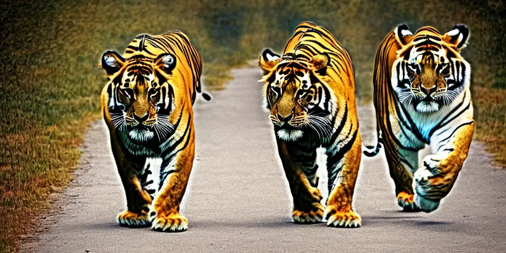 Image similar to a man with a lion, a tiger approaches