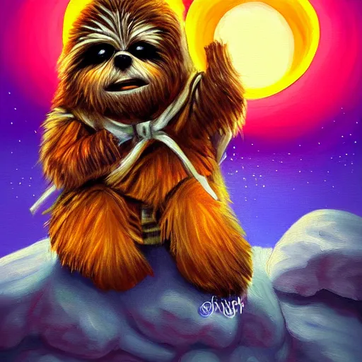 Image similar to a cute ewok painting a picture of the sunset in the forest, digital art, colourful