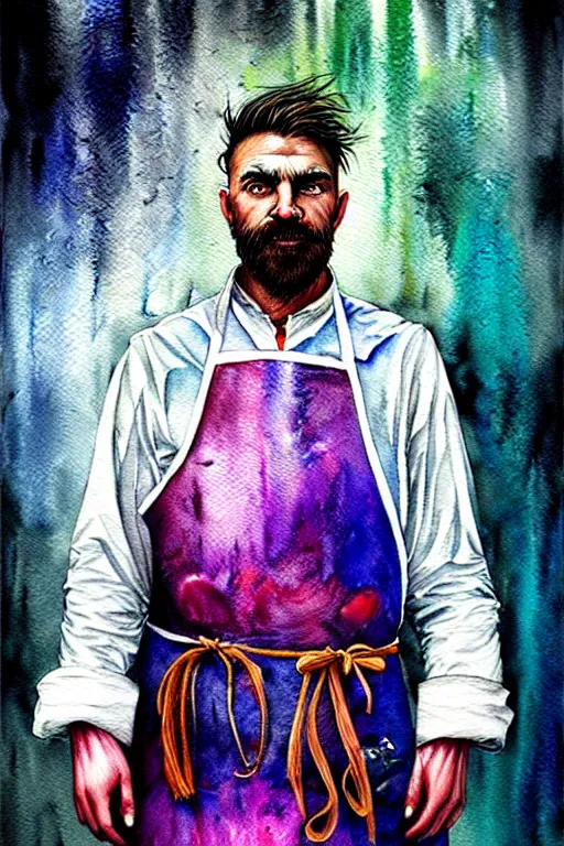 Prompt: watercolor portrait of a butcher with a white apron, raining, romantisism, outrun, pastel colors, painting, moody, detailed, by android jones