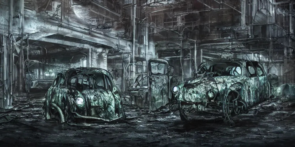 Image similar to close up of a car in an old industrial car factory, a ghostly figure is walking between the broken cars, everything is rusted and broken and covered in moss, night time low light, spooky and scary atmosphere, artstation,