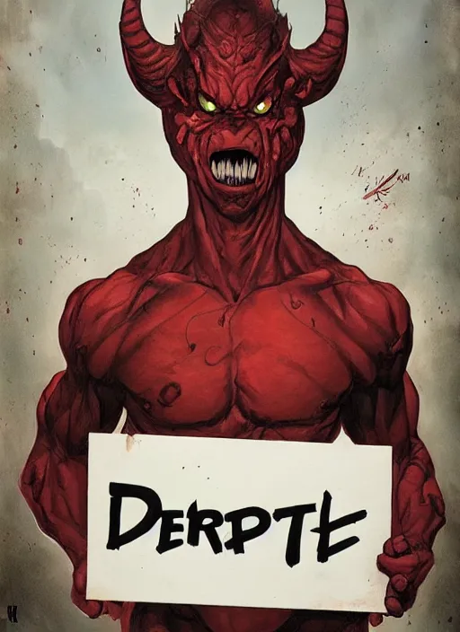 Image similar to demon holding a sign with the word ALEX written on it by artgerm and Craig Mullins, James Jean, Andrey Ryabovichev, Mark Simonetti and Peter Morbacher 16k