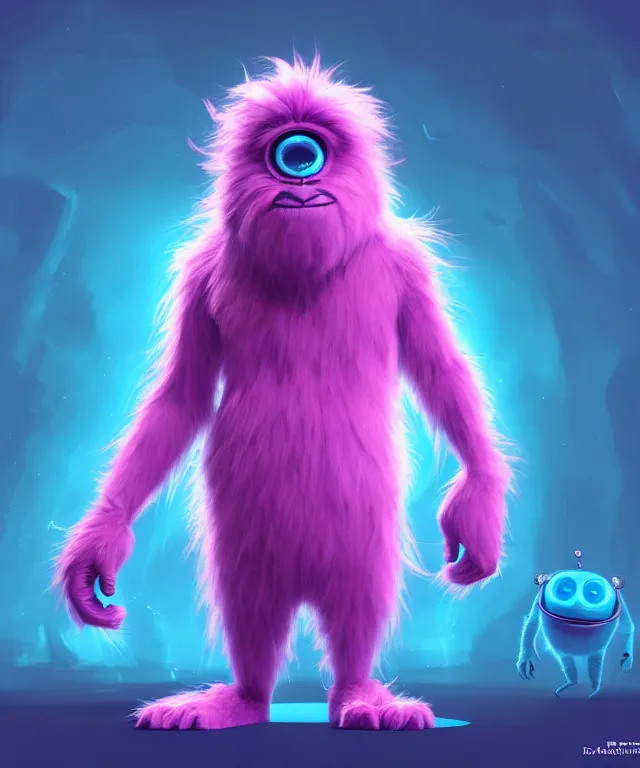 Image similar to a big furry monster made of bioluminescence in the art style of monsters inc, fantasy, elegant, crisp 8 k line art, digital painting, artstation, unreal engine, octane render, emissive lighting, concept art, matte, sharp focus, hyper realistic lighting, illustration, deep royal blue and pink color scheme, art by dave kendall