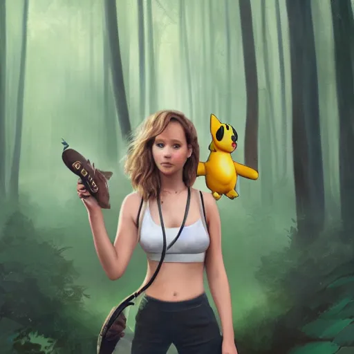 Image similar to a portrait of jennifer lawrence as a pokemon trainer, in a dark forest, extremely detailed digital art, trending on artstation hyper realistic matte painting, by wlop, art germ