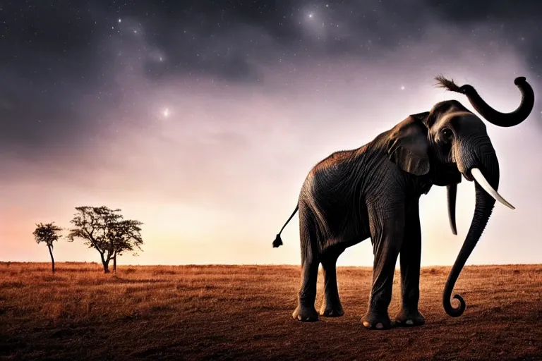 Prompt: an elephant horse!!! hybrid!, hyper realistic!!, realistic lighting!! at night, moonlight, wildlife photographer of the year!!!, bold natural colors, national geographic, hd, wide angle, 8 k