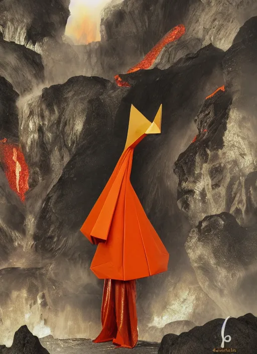Image similar to handsome anthropomorphic origami prince made out of paper wearing a firey red and orange tissue paper with a golden crown and a black prince tuxedo by Prada. bubbling pools of lava in the crater of a volcano. ethereal, fantasy, Lawrence Alma-Tadema, James Jean, oozium, peter morbacher, angelarium, alchemy, luxury, heavenly light, Soft illumination, Trending on artstation, Cinematic Lighting, very detailed, 3D, octane render, artgerm