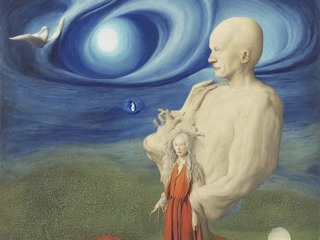 Prompt: Portrait of albino mystic with blue eyes, with portal to another realm. Landscape with lapis lazuli tsunami, giant wave. Painting by Jan van Eyck, Audubon, Rene Magritte, Agnes Pelton, Max Ernst, Walton Ford