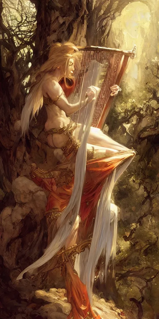 Prompt: beautiful fragile elf bard in robes, playing on a harp, masterpiece , cinematic, powerful, dramatic light, highly, intricate elements, detailed, digital painting, artstation, concept art, sharp focus, illustration, dynamic by Edgar Maxence and Ross Tran and Michael Whelan art by Frank frazetta