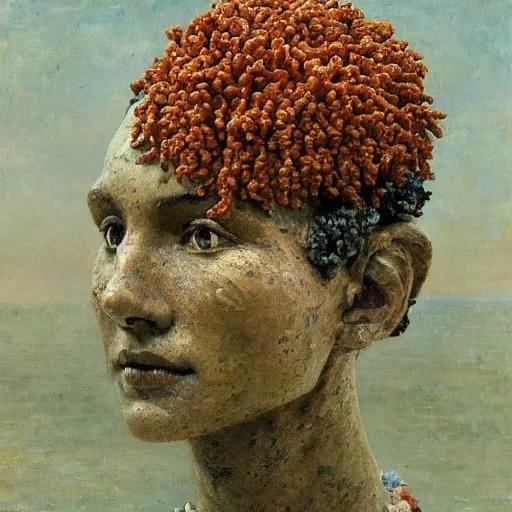 Image similar to a sculpture portrait made of shells and coral and sand and seaweed, painting part by wojciech siudmak, part by ilya repin, part by max ernst, part by norman rockwell, artstation