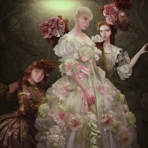 Image similar to 8k, octane render, realism, rococo, baroque, tonalism, renaissance, group of creepy young ladies wearing long harajuku manga dress with flowers and skulls, background chaotic flowers