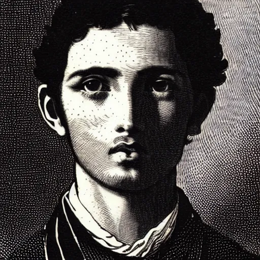 Image similar to A beautiful 19th century wood-engraving of a young Spanish man, by Édouard Riou Jules Férat and Henri de Montaut, highly detailed, fine Art, high detail, masterpiece, illustration, clear eyes, trending on artstation