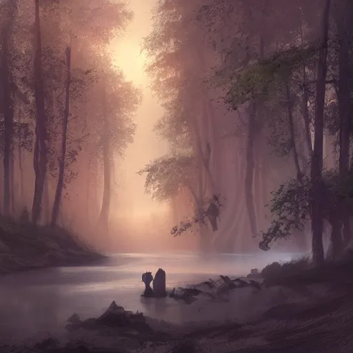 Prompt: cinematic shot river in the forest sci-fi style foggy rain sunset animals drinking from the river digital painting, artstation, concept art, soft light, hdri, smooth, sharp focus, illustration, fantasy, intricate, elegant, highly detailed, D&D, matte painting, in the style of Greg Rutkowski and Alphonse Mucha and artemisia, 8k, highly detailed, jurgens, rutkowski, bouguereau, pastoral, rustic, georgic