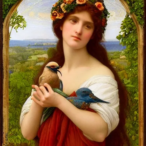 Prompt: Beautiful Pre-Raphaelite goddess of nature holding a little bird, in the style of John William Godward, close-up portrait, head in focus, flowers and plants, etheric, moody, intricate, mystical,