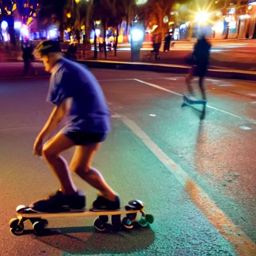 Prompt: a moai roller skating on the street, set at night