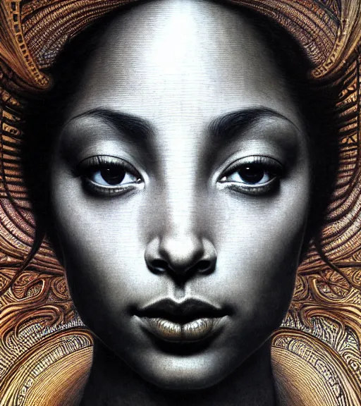 Image similar to detailed realistic beautiful young sade adu face portrait by jean delville, gustave dore and marco mazzoni, art nouveau, symbolist, visionary, ornate, baroque, intricate fractal, maximalism. horizontal symmetry by zdzisław beksinski, iris van herpen, raymond swanland and alphonse mucha. highly detailed, hyper - real, beautiful