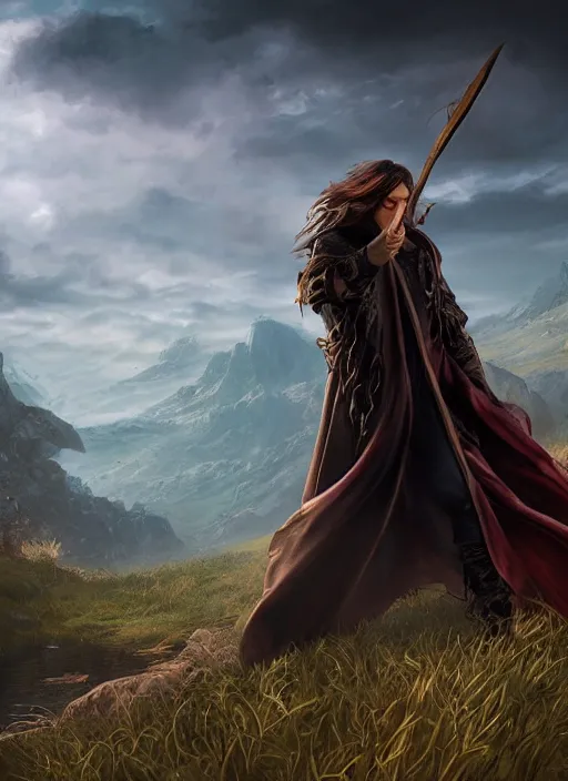 Image similar to An epic fantasy comic book style portrait painting of a young man with a long brown hair, a cloak waving in the wind in front of an epic fantasy landscape, unreal 5, DAZ, hyperrealistic, octane render, cosplay, RPG portrait, dynamic lighting