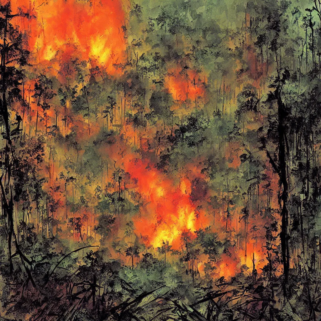 Prompt: amazon forest burning, apocalyptic, very detailed, wide - angle lens, digital art by bill sienkiewicz.