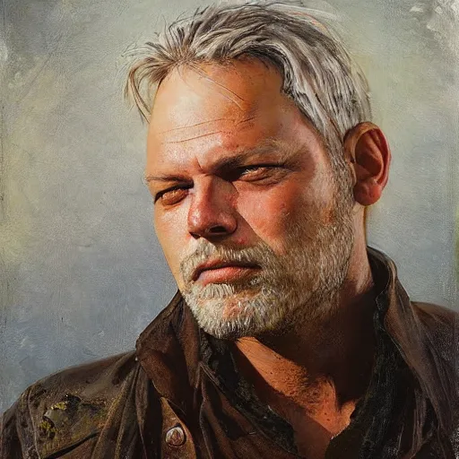 Prompt: Solomon Joseph Solomon and Richard Schmid and Jeremy Lipking victorian genre painting portrait painting of David Gilmour a rugged cowboy gunfighter old west character in fantasy costume, rust background