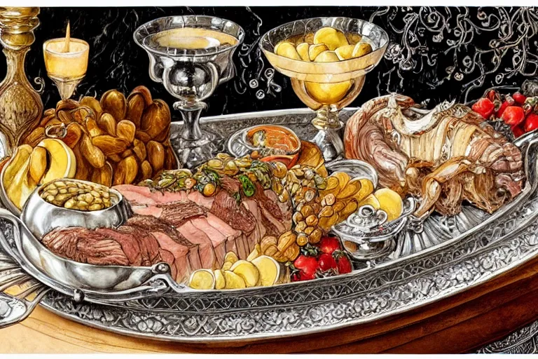 Prompt: one ornate silver platter with roasted pork and fruit on a wooden table with cozy fireplace in the background, warm lighting, fantasy, intricate, elegant, highly detailed, digital painting, artstation, concept art, matte, sharp focus, illustration, art by kay nielsen and walter crane, illustration style, watercolor