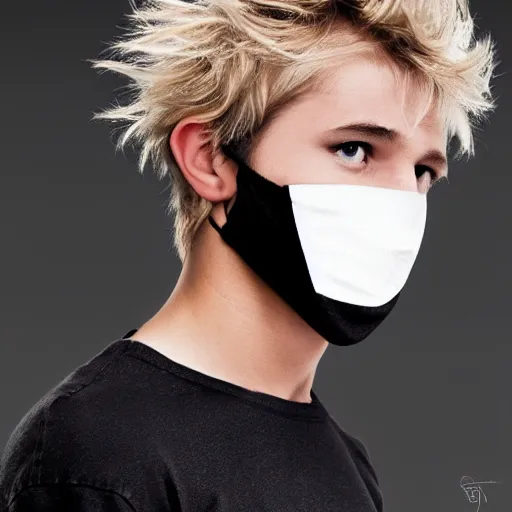 Image similar to professional digital art of a cute young adult man with blonde messy hair and wide eyes wearing a black face mask and a dark sweatshirt, high quality, HD, 8K, highly detailed, award-winning