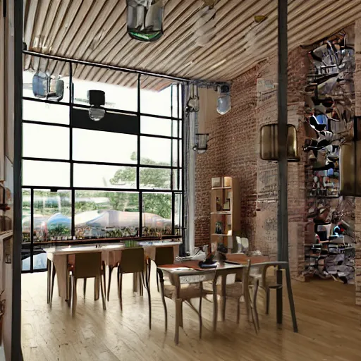 Prompt: an interior render of a cafe loft style with big panoramic windows