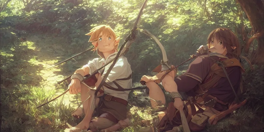 Image similar to cinematic full anime portrait of link from zelda resting with his bow at his tent. intricate, elegant, highly detailed, digital art, artstation, concept art, smooth, sharp focus, illustration, by stanley artgerm, greg rutkowski, studio ghibli, alphonse mucha, norman rockwell 8 k