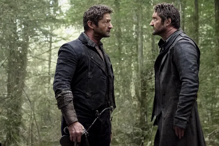 Image similar to Still of Gerard Butler and Russel Crow pointing at each other