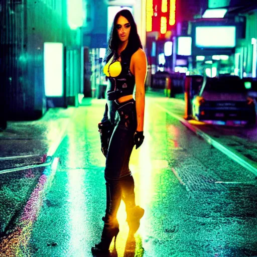 Image similar to cyberpunk megan fox, standing on a cyberpunk street at night, streets are lit with neon lights