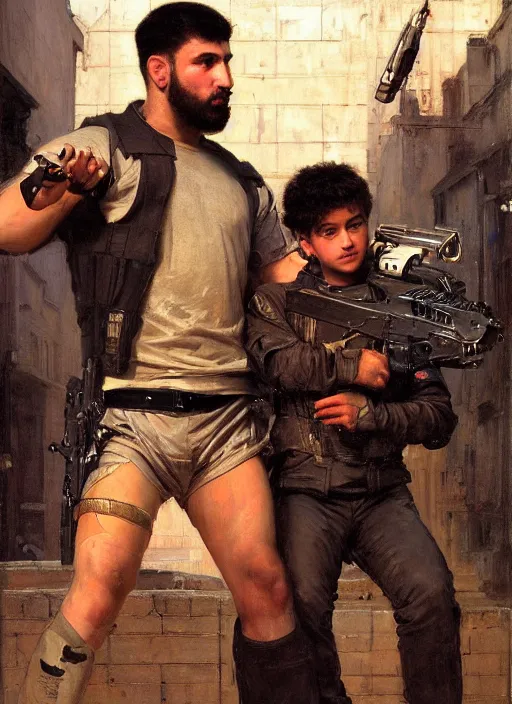 Prompt: big mike in a fight with little alex. cyberpunk meathead wearing a military vest and combat gear fighting small hacker. (Cyberpunk 2077, bladerunner 2049). Iranian orientalist portrait by john william waterhouse and Edwin Longsden Long and Theodore Ralli and Nasreddine Dinet, oil on canvas. Cinematic, hyper realism, realistic proportions, dramatic lighting, high detail 4k