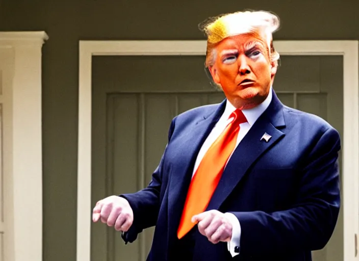 Image similar to film still of donald trump as george bluth sr. in arrested development tv show, 8 k, prison episode, orange jumpsuit