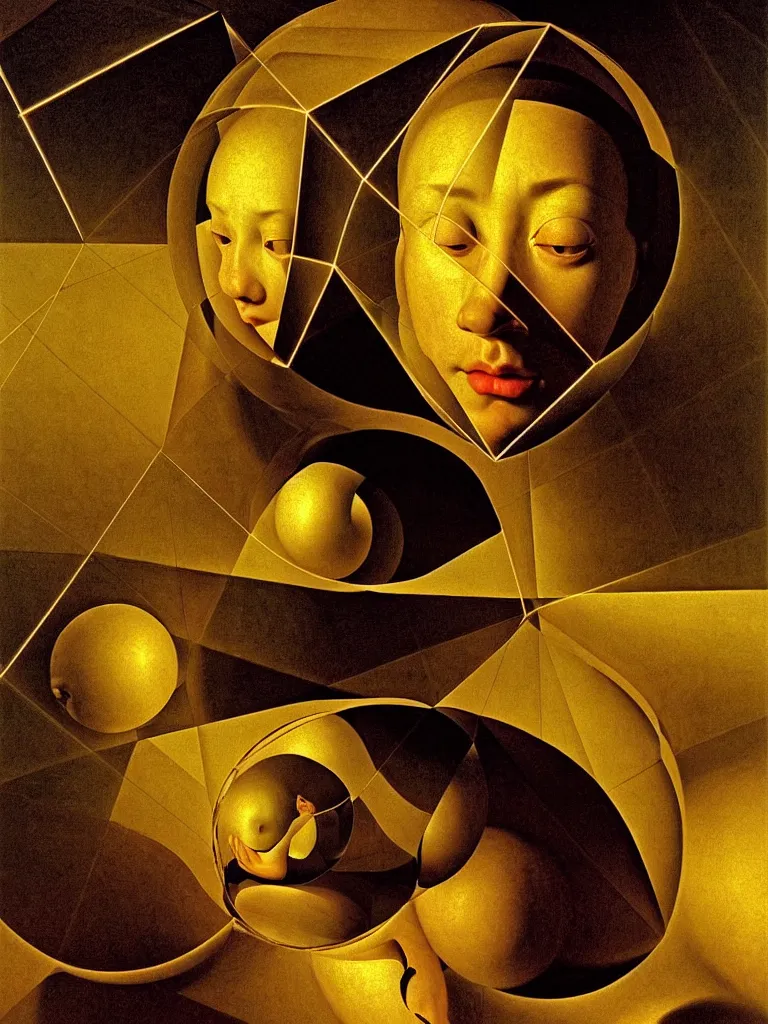 Image similar to hyperrealistic still life portrait of a mind exploding inside of a serene temple, beautiful plans, sacred geometry, light refracting through prisms in a tesseract, by caravaggio, botanical print, surrealism, vivid colors, serene, golden ratio, rule of thirds, negative space, minimalist composition