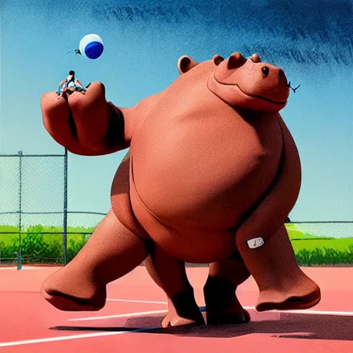 Image similar to illustration of hippo action figures playing badminton by ilya kuvshinov katsuhiro otomo