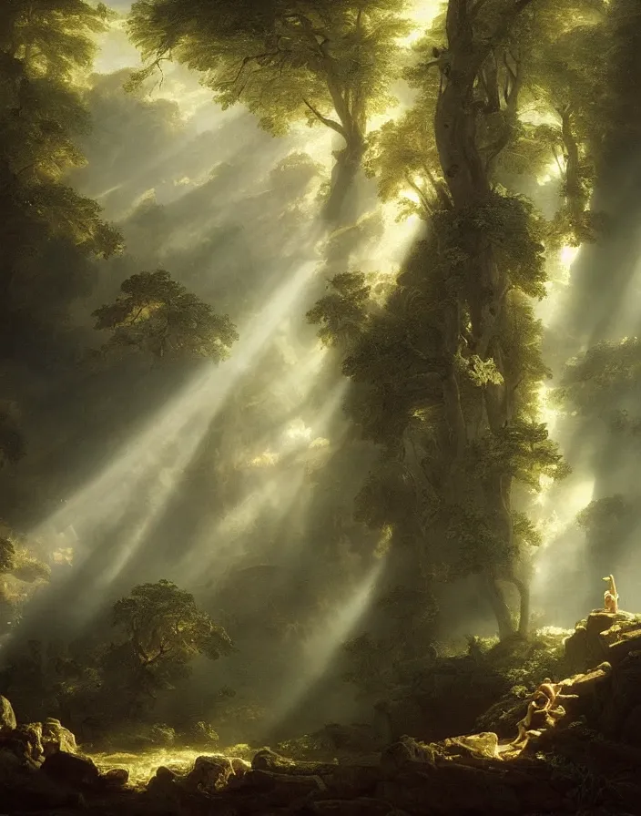 Image similar to an ancient greek statue lost in a gigantic forest by thomas cole, painting, cinematography, epic lighting, volumetric, fog, god rays