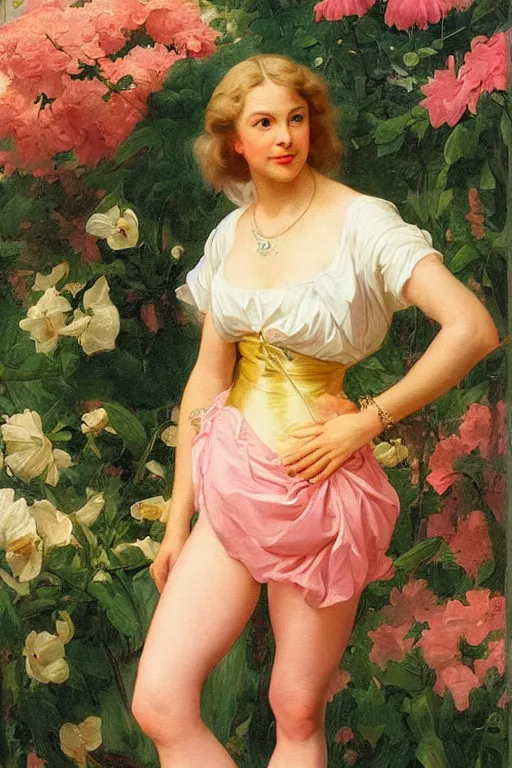 Prompt: elizabeth banksstarring straight ahead and wearing a wet, white t-shirt and a pink thong, golden hour in a floral garden, artstation, by J. C. Leyendecker and Peter Paul Rubens,