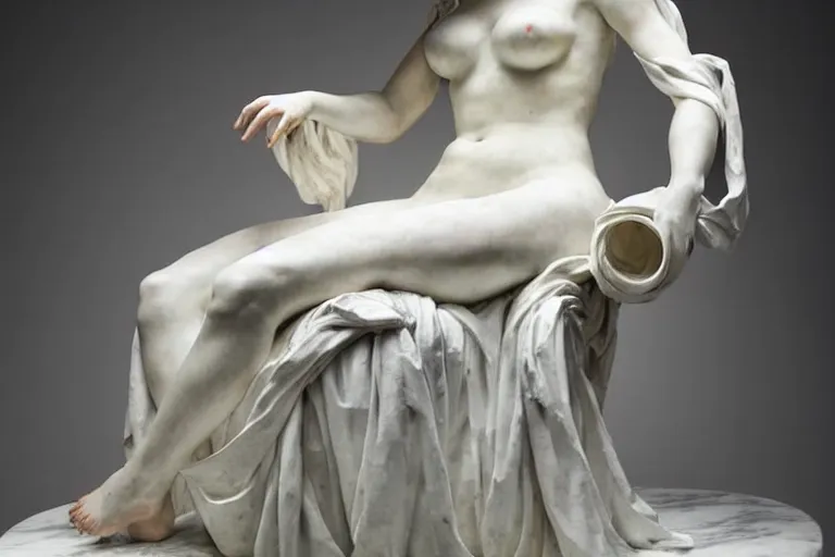 Prompt: a sculpture of a renaissance girl sitting on a top of the chair, a white marble sculpture covered with floating water by nicola samori, behance, neo - expressionism, marble sculpture, apocalypse art, made of mist, medium shot