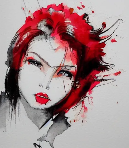 Prompt: Yoji Shinkawa's 'real life M1 Abrams tank with bright red lipstick', ink and colours on silk, trending on pixiv, zoomed out, monochrome, watercolour