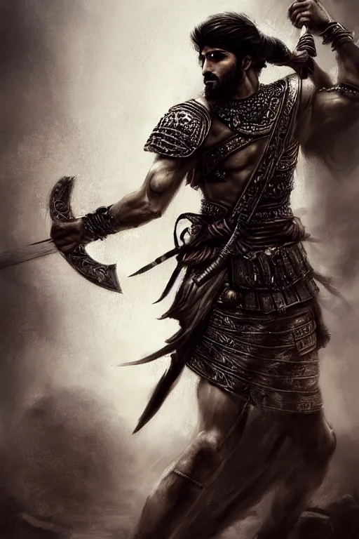 Image similar to portrait of a Persian Prince fighting at war, warrior, brutal battle, handsome prince of persia, attractive young man, heroic pose, persian style architecture, dramatic lighting, dark and horror, action and tragedy, dust and blood, intricate, wild, highly detailed, digital painting, artstation, concept art, smooth, sharp focus, illustration, art by artgerm and greg rutkowski and alphonse mucha, footage from space camera