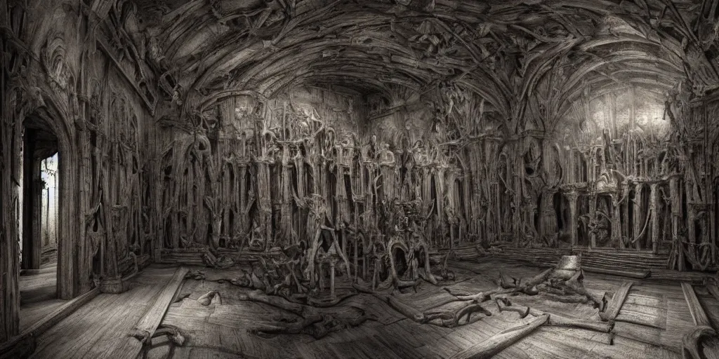 Image similar to a big room in a museum of skeletons, photorealistic, highly detailed, texture, gustave dore, 3 d sculpture, soft light, dramatic, moody, scary, ambient, hall,