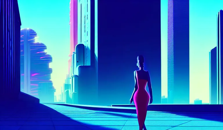 Image similar to a beautiful and immaculate futuristic city. the silhouette of a beautiful young woman standing in an alleyway. vaporwave ombre rendering. outrun style. trending on artstation. recommended for you behance. by chris moore. by edward hopper. beeple colors. metropolis filmic. gotham city.