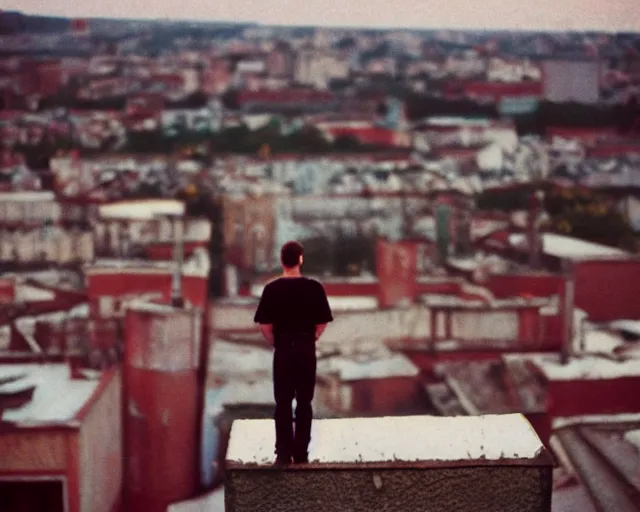 Image similar to lomo photo of man standing on the roof of soviet hrushevka, small town, cinestill, bokeh, out of focus