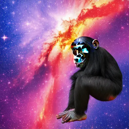 Image similar to a chimpanzee floating through outer space reaching out and touching nebula with it's finger, digital art, 8k